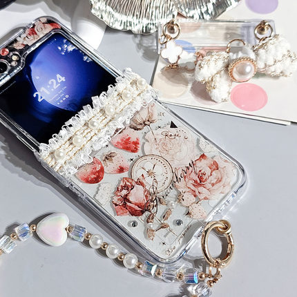 复古玫瑰干花三星zflip6/5小折叠手机壳oppoN3/motorazr50滴胶vivoX华为nova/pocket2荣耀V小米mix努比亚flip