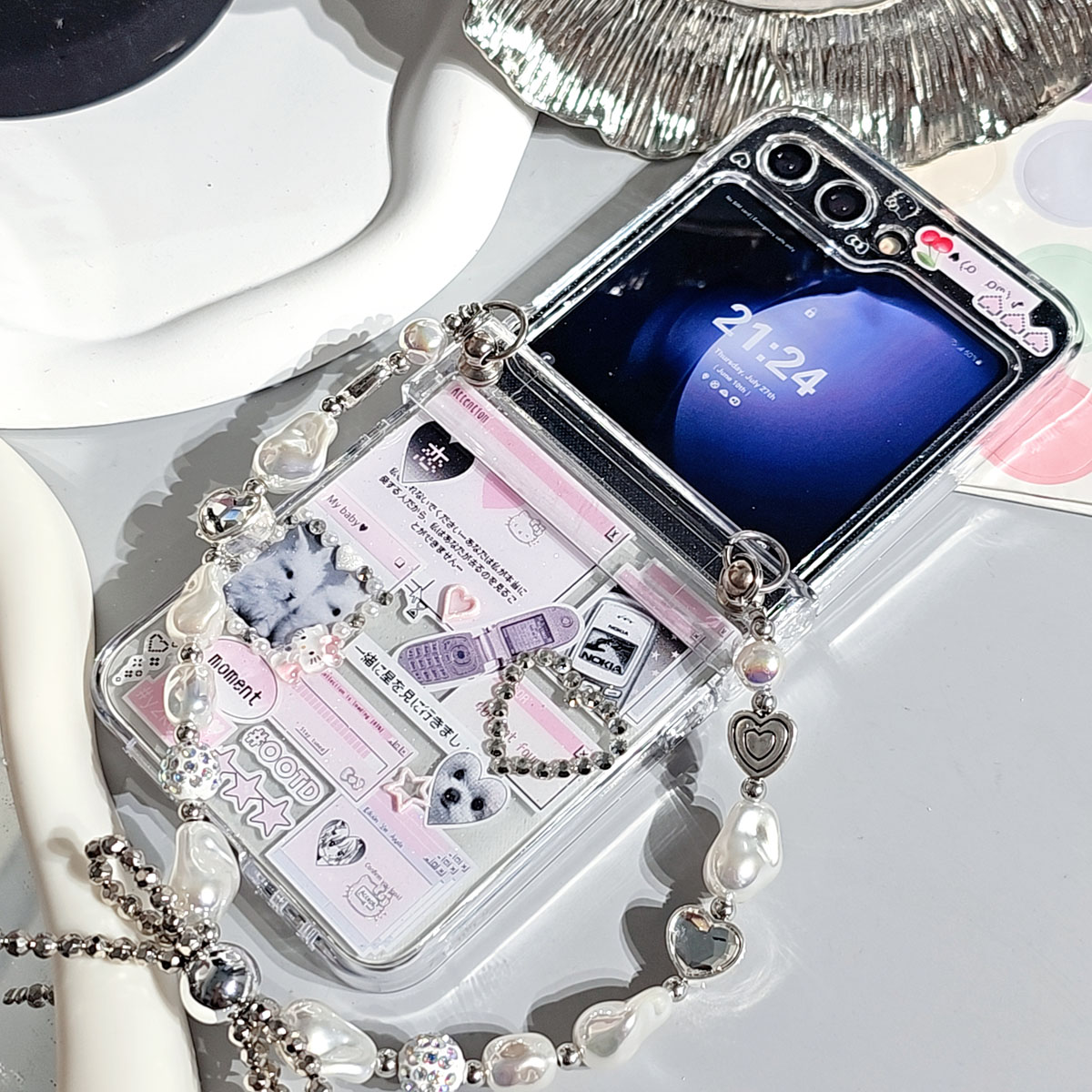 复古水钻少女滴胶小折叠手机壳