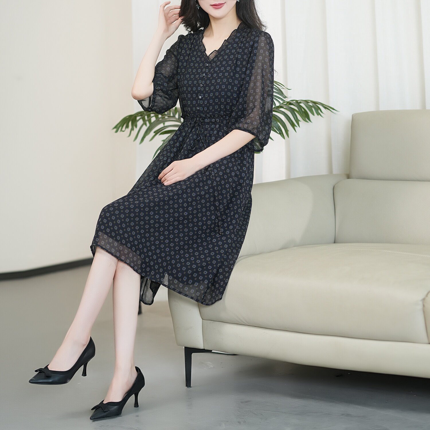 运费补贴（时尚女王）2025年蚕丝扎染印花高腰显瘦时尚气质连衣裙