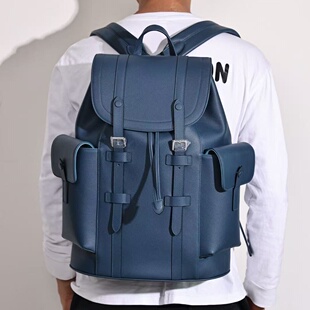 深邃蓝Evercolor皮男式 双肩背包普皮大容量旅行休闲男包高档抽绳