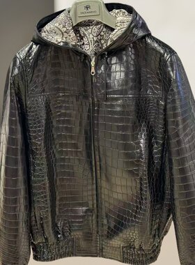 雾面湾鳄鳄鱼皮男士外套带帽子拉链私人定制衣服高档真皮黑色潮