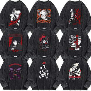 美式 街头火影潮牌上衣ins复古水洗做旧T恤日系暗黑风动漫男女情侣