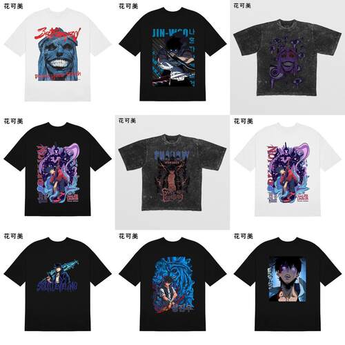 新款水洗做旧复古短袖T恤纯棉夏季我独自升级动漫solo leveling