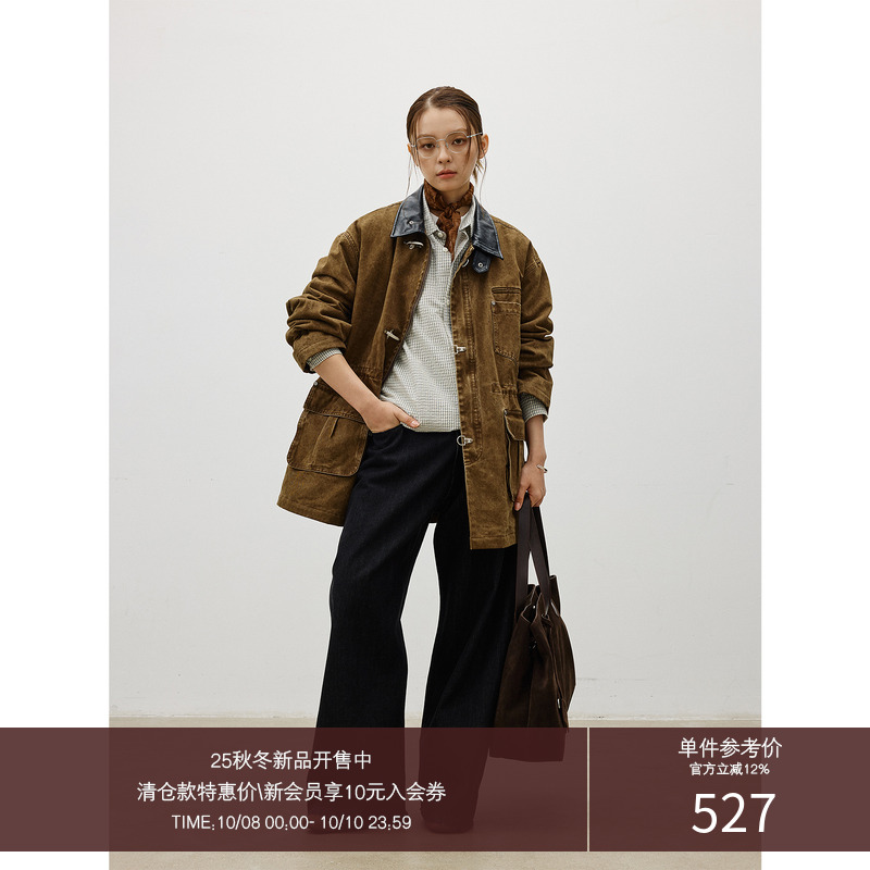 LR MADE 25AW 做旧复古 定制飞机扣 撞色皮领 中长款夹棉外套夹克