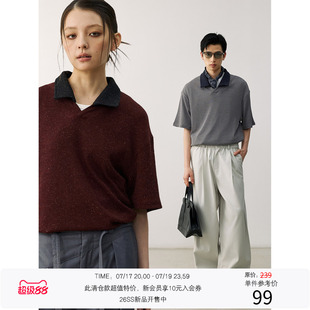 LR MADE 撞色小V领 色织点彩纱 复古休闲短袖POLO毛衣衫