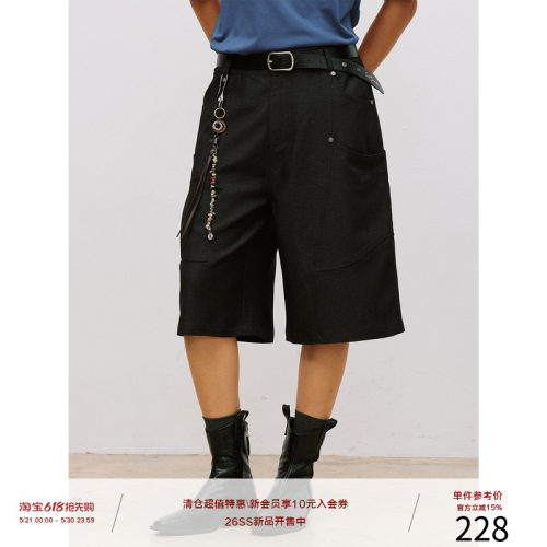 LR MADE 26SS 弧形双袋 错综破缝 铆钉点缀 花纱休闲TR短西裤