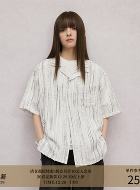 LR MADE 25SS 烧花破坏 条纹肌理印花 复古廓形古巴领短袖衬衫