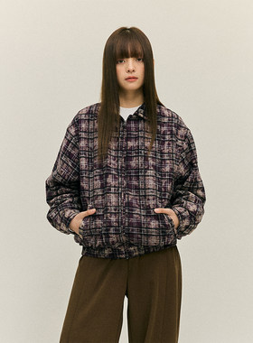 LR MADE 复古做旧褪色古着感格纹 绒感夹棉外套保暖棉服夹克