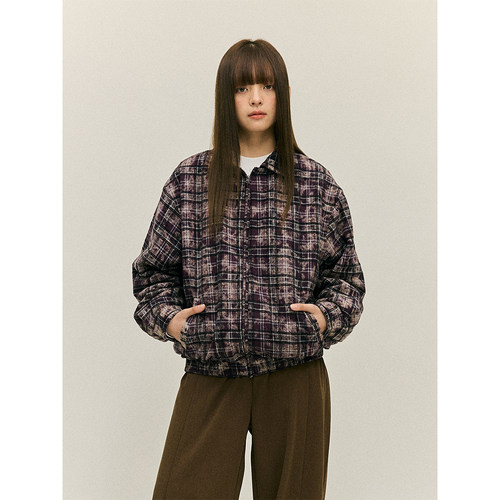 LR MADE 复古做旧褪色古着感格纹 绒感夹棉外套保暖棉服夹克