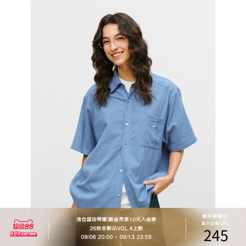 LR MADE 26SS 撞色拼扣 错位贴袋 色织格纹 复古格子宽松短袖衬衫