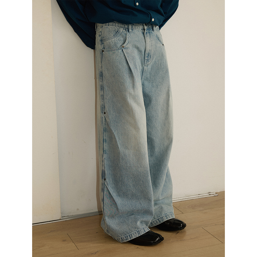 LR MADE侧边双斜褶牛仔长裤