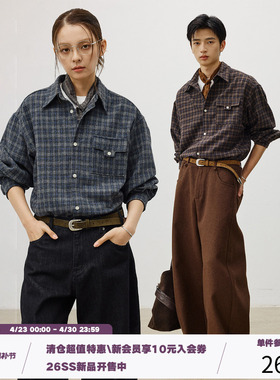 LR MADE T形袋盖 重磅羊毛 复古氛围感格纹磨毛长袖格子衬衫