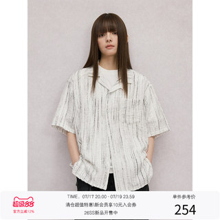 LR MADE 烧花破坏 条纹肌理印花 复古廓形古巴领短袖衬衫