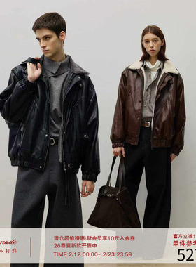 LR MADE 25AW 可拆卸绒领 内里保暖仿羊羔绒 复古PU皮夹克外套