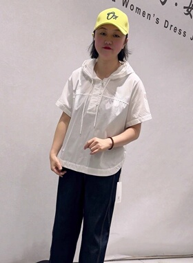 天骄一生水26326初夏新款连帽短袖衬衫加大码女装胖妹妹百搭上衣