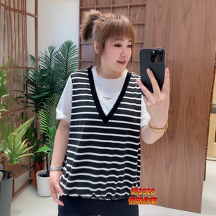 女装 妃儿红5928春季 加大码 欧货减龄假两件条纹短袖 胖妹妹上衣 新款