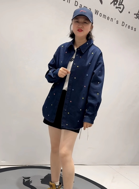 1505女权贵族春季新款欧货牛仔衬衫开衫加大码女装胖妹妹气质上衣