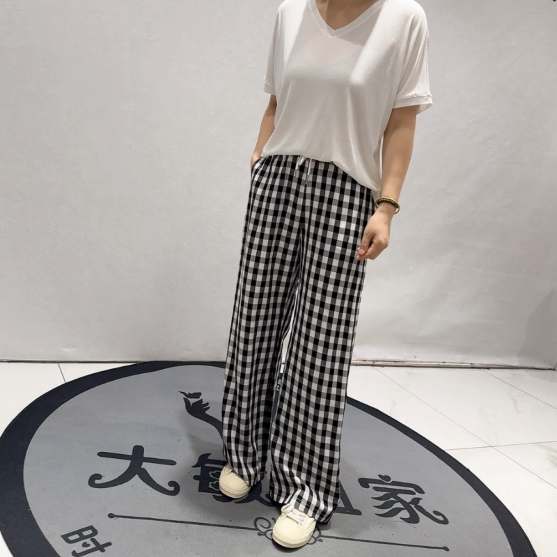 蓝鲸之吻2227夏季新款欧货格子女裤加大码女装胖妹妹宽松显瘦长裤