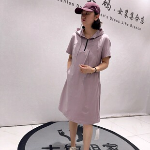 天骄一生水26005夏季新款欧货连帽短袖连衣裙加大码女装胖妹妹裙