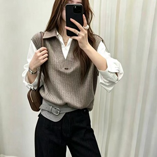 妃儿红7237秋季新款欧货减龄针织马夹假两件上衣加大码女装胖妹妹