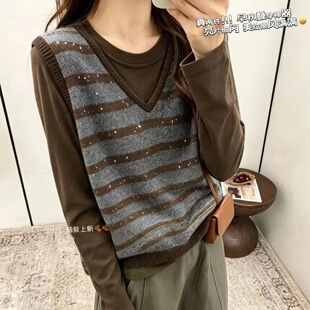 妃儿红7315秋冬款欧货减龄打底衫马夹两件套加大码女装胖妹妹上衣