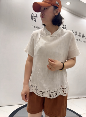 女权贵族3896夏季新款欧货麻料国风短袖衫加大码女装胖妹妹气质衫