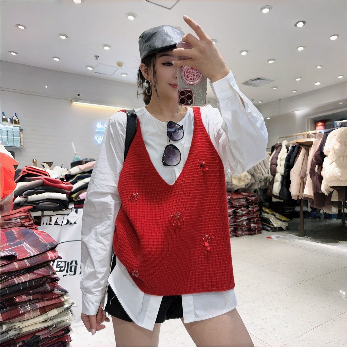 妃儿红冬季新款针织马夹搭衬衫套