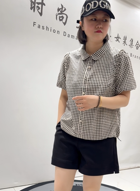 芮娜依莲5083夏季新款欧货格子短袖加大码女装胖妹妹显瘦气质上衣