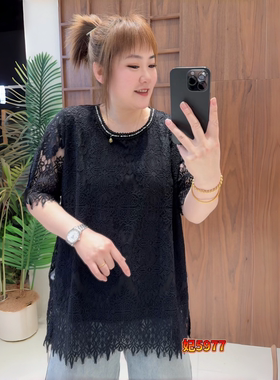 妃儿红5977春夏新款欧货减龄韩版蕾丝短袖加大码女装胖妹妹衫上衣