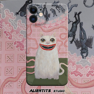 AlienTits大嘴猫个性怪趣味猫咪简约日式插画可爱暗黑艺术小众防摔适用苹果安卓手机壳