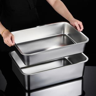 304不锈钢特厚方盆长方形方盘份数盆带盖平底加深托盘备菜盆大号