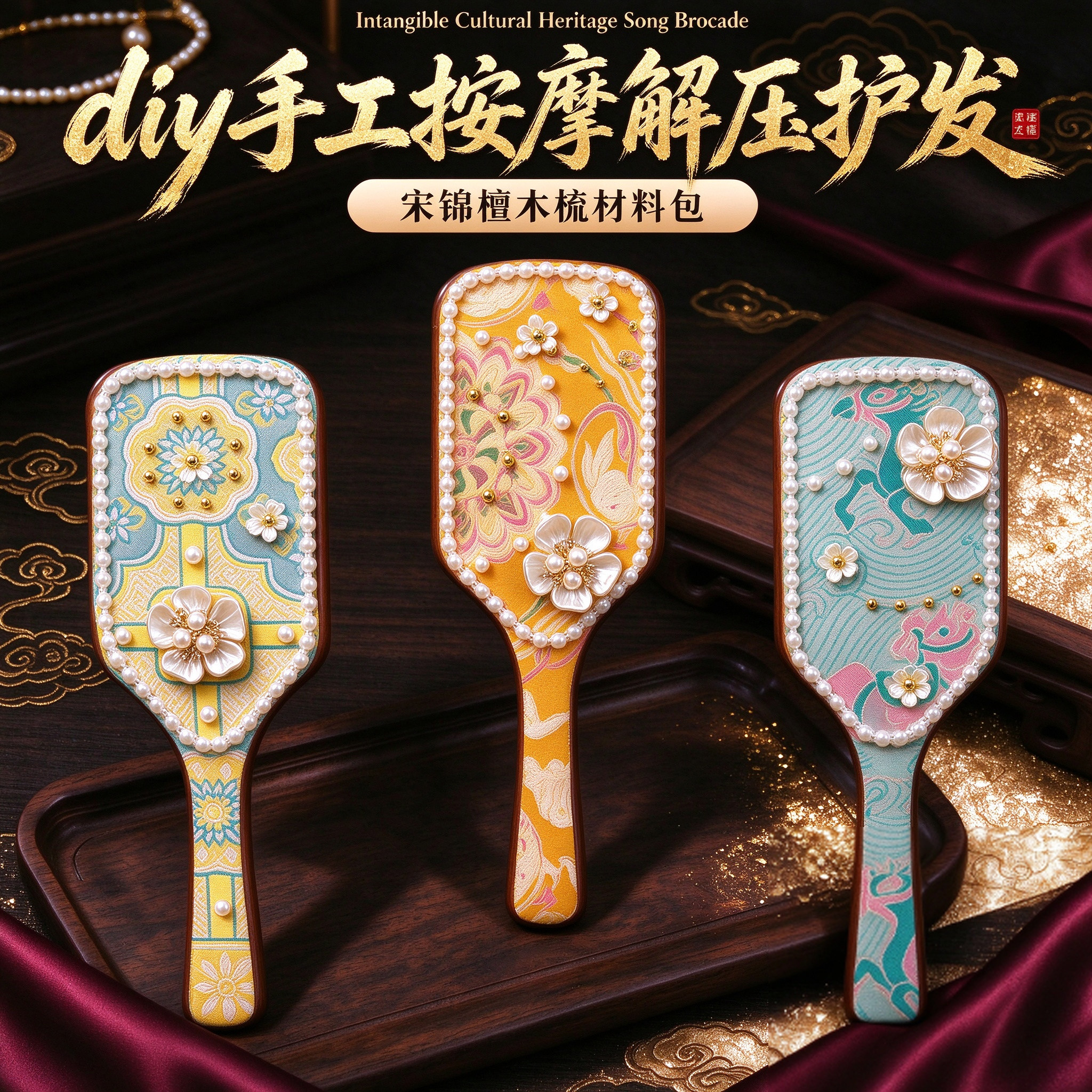 非遗宋锦梳子手工diy新中式材料包檀木按摩梳手工制作DIY创意礼物