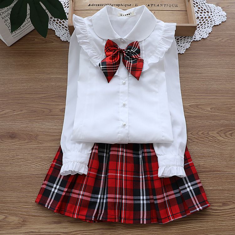 女童白衬衫长袖学院风衬衣纯棉小学生裙子套装女孩学校演出服纯色