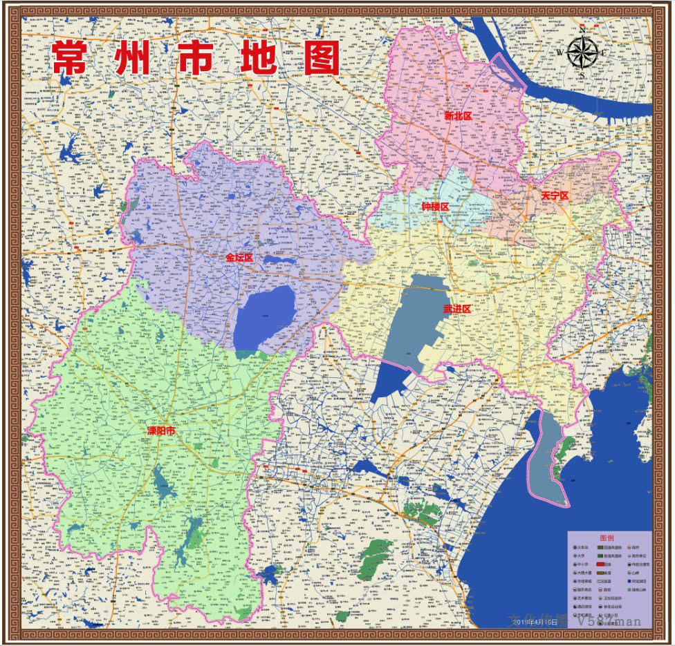 2019年江苏常州市百度版溧阳市金坛武进新北天宁区地图135x140cm