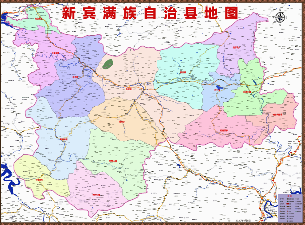 2020年辽宁抚顺新宾县百度版地图行政交通旅游乡镇地图110x150cm
