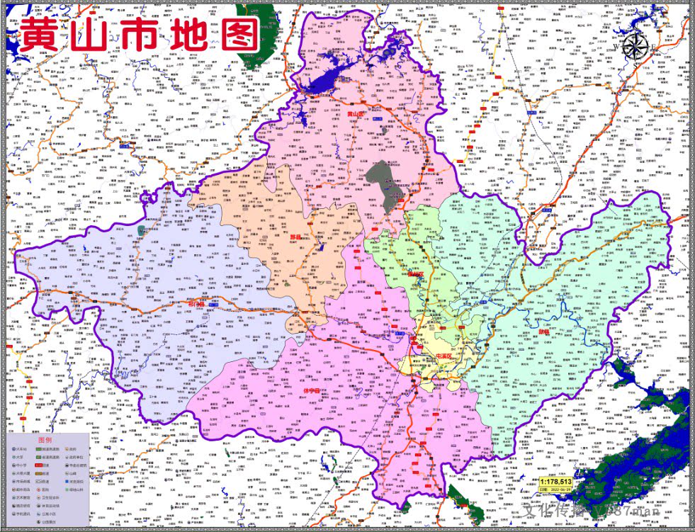 2022年6月安徽黄山市定制行政交通旅游乡镇村落分布地图112x86cm
