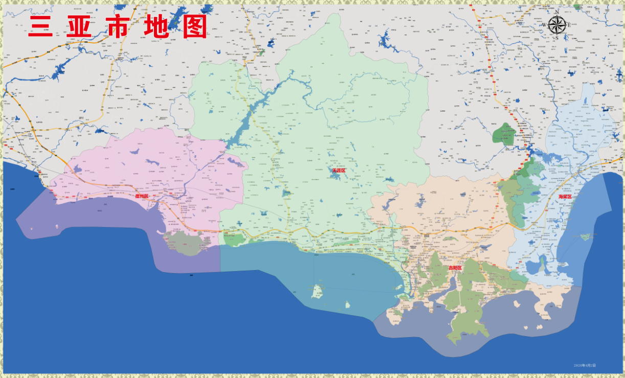 2020年海南三亚百度版地图行政交通旅游乡镇地图104x172cm