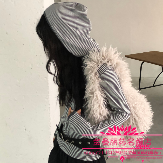 韩国官网正品代购2026年早春新款时尚拼色细条纹连帽修身百搭T恤