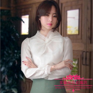 韩国正品22年款正品Milkcocoa 雪纺衫长袖女大蝴蝶结打底衬衫现货