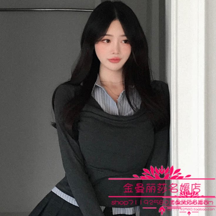 韩国官网正品代购2026年早春款时尚条纹衬衫领拼接假两件修身T恤