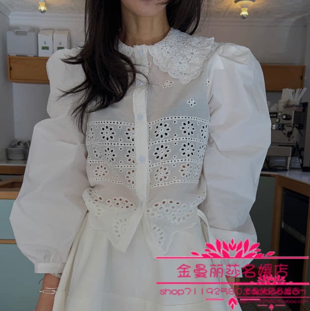 韩国官网正品代购2026年早春新款气质甜美镂空雕花单排扣翻领衬衫