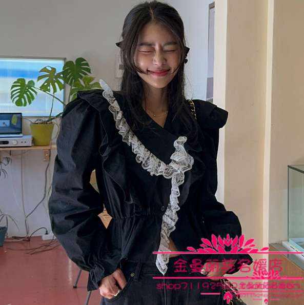 韩国官网正品代购2025年秋新款时尚蕾丝边不对称V字翻领收腰衬衫