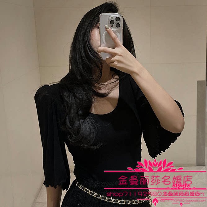 韩国官网正品代购2026年早春款甜美淑女时尚压褶喇叭袖大圆领T恤