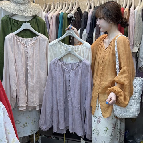 AT fashion2026夏韩版文艺法式气质单排扣宽松松弛感苎麻防晒衬衫