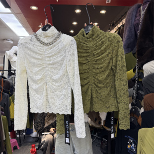 2025秋冬法式 垫肩T恤潮 气质立领开叉褶皱收腰显瘦磨毛蕾丝打底衫