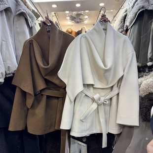 韩国东大门2025冬韩系御姐气质系带收腰斗篷大披肩荡领夹棉呢大衣