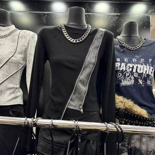 T恤打底t 显瘦长袖 2026早春美式 复古辣妹螺纹棉拼皮拉链不规则修身