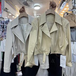 2025秋新款百搭气质翻领开衫宽松皮夹克休闲皮衣高腰短款外套女
