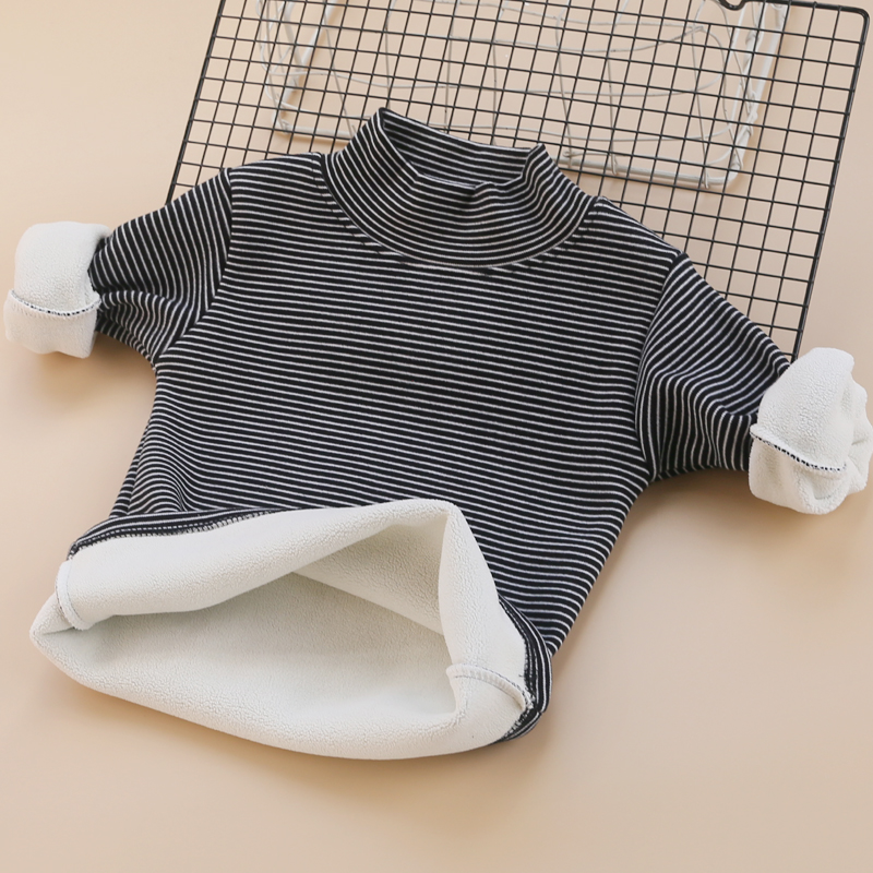 儿童加绒加厚保暖T恤衫冬款男女童半高领条纹打底衫百搭上衣