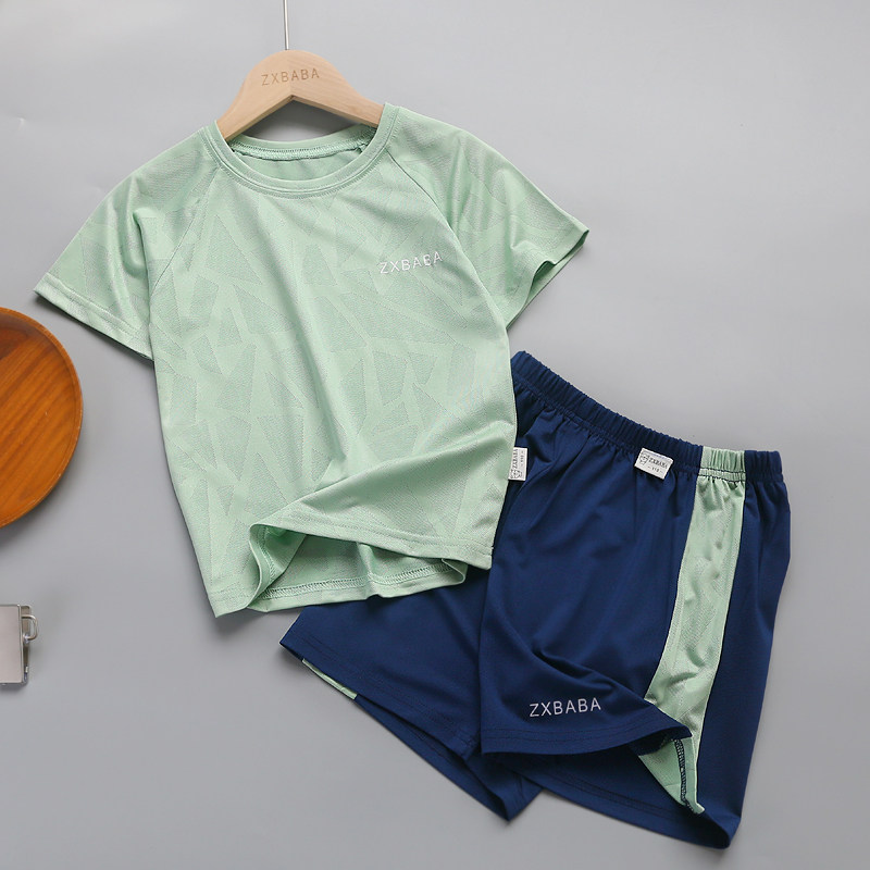 儿童薄速干短袖T恤短裤运动套装夏季男女童冰丝半袖衫套服洋气